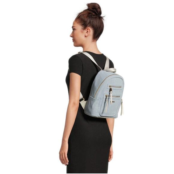 Madden NYC Women's Mini Backpack with Embellished Pouch, Denim, Tassels White - Picture 2 of 6